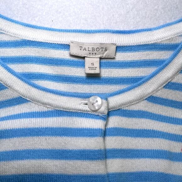Talbots 3/4 sleeve cotton flamingo blue white stripe cardigan sweater women S - Picture 5 of 8